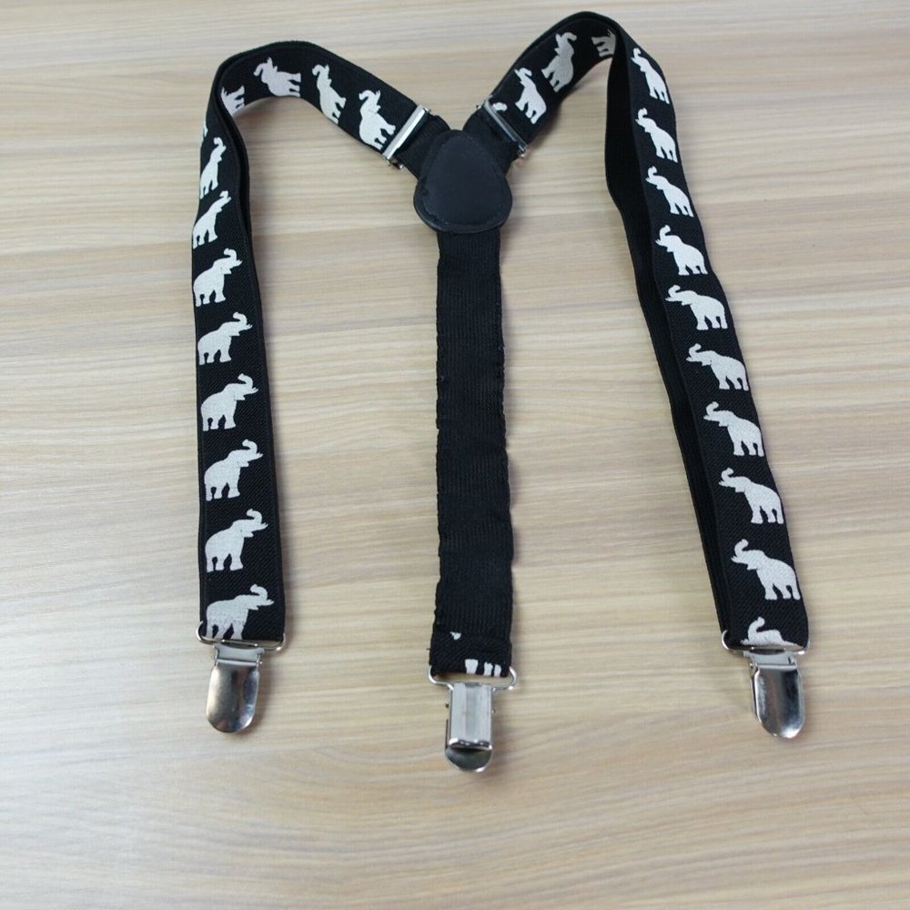 Suspender Boy Black White Clip On Y Back Animal Elephant Adjustable Stretch